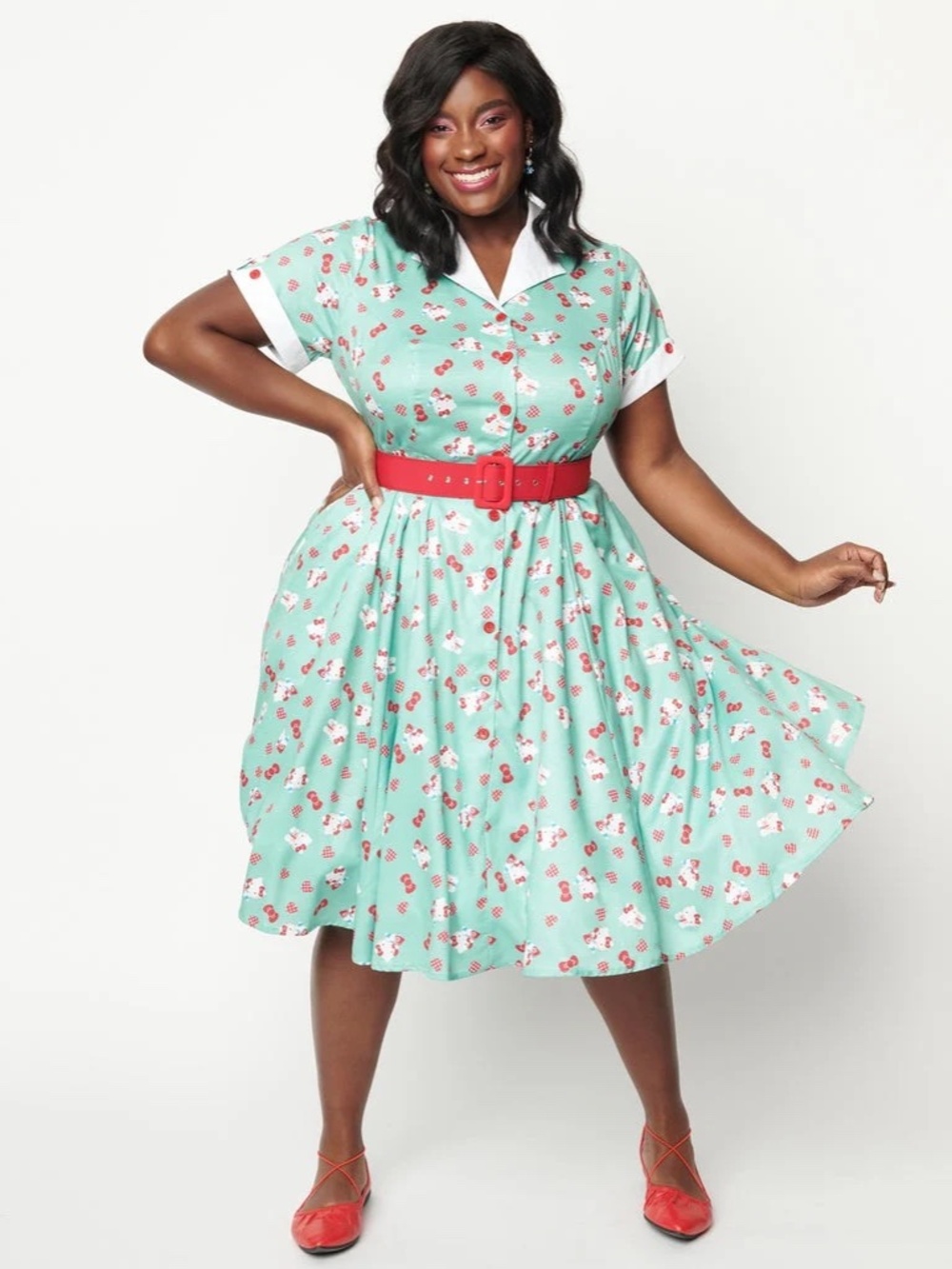 Hello Kitty x Unique Vintage Mint Gingham Hearts Belted Venus Swing Dress SZ 4X